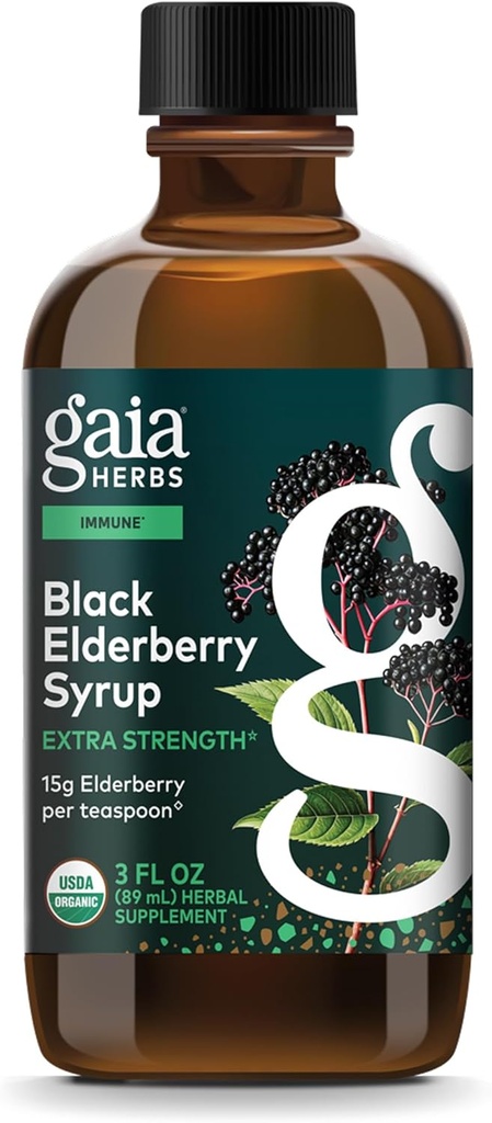 Gaia Herbs Black Elderberry Syrup - Immune Support Supplement - Made with Organic Black Elderberries (Sambucus nigra) for Immune System* - USDA Certified Organic Formula - 3 Fl Oz (18-Day Supply)