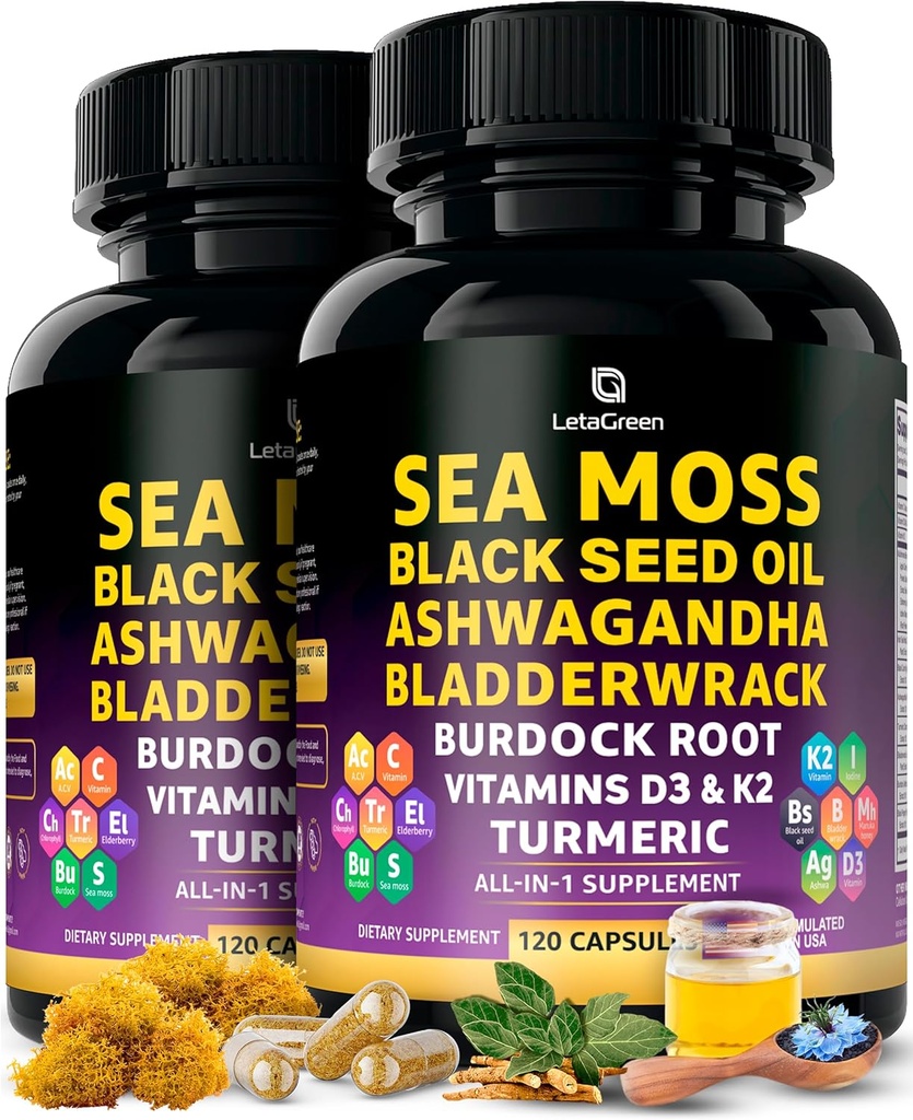 Sea Moss Capsules – 17-in-1 Cooldha Bladderwrack Burdock Root Turmeric Vitamin D3 K2 C for Daily Wellness – Multimineral Supplement for Men & Women – 240 Count