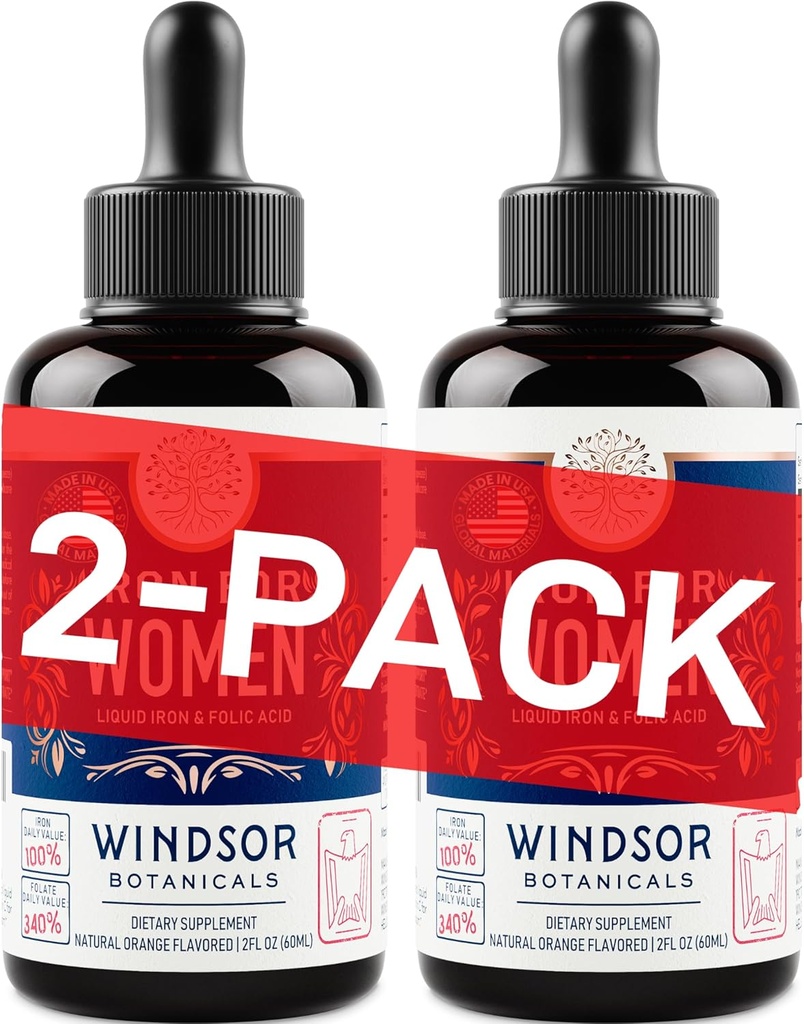 WINDSOR BOTANICALS Συμπλήρωμα υγρού σιδήρου για γυναίκες 2-πακέτο - Φολικό οξύ, βιταμίνη C, Vegan συμπληρώματα υγρού σιδήρου για αναιμία, εμμηνόρροια, υποστήριξη εγκυμοσύνης - σταγόνες γεύση πορτοκάλι - 2x2oz
