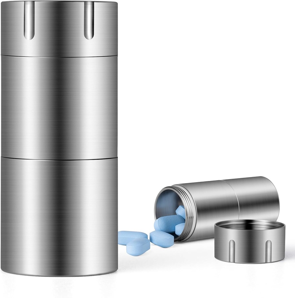 Θήκη χαπιών TISUR, Titanium Keychain Hill Holder, 2 διαμερίσματα Μικρό κουτί μεταλλικών χαπιών Μικρό αδιάβροχο μπουκάλι Pocket Pocket Pill Portable Pill Organizer Container για Travel Purse Outdoor (Extended Upgrade)