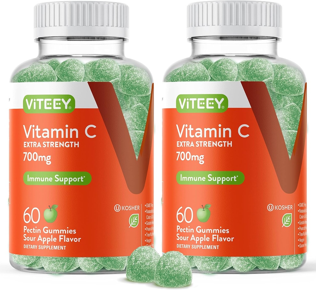 Viteey Chewable Vitamin C Gummies για ενήλικες - 700mg επιπλέον δύναμη συμπλήρωμα υποστήριξης του ανοσοποιητικού - Vegan, χωρίς γλουτένη - 120 Count