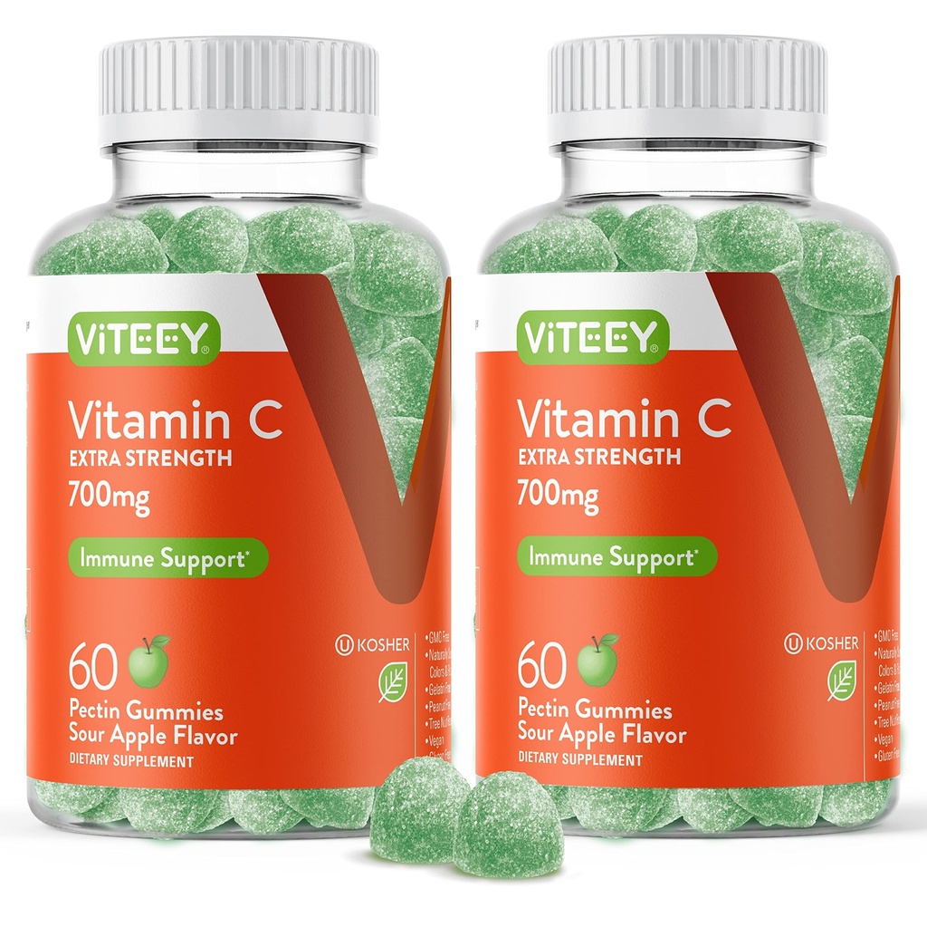Yetişkinler için Viteey Chewable Vitamin C Gummies - 700 mg Ekstra Kuvvet Immune Support Supplement - Vegan, Gluten Free - 120 Count Count