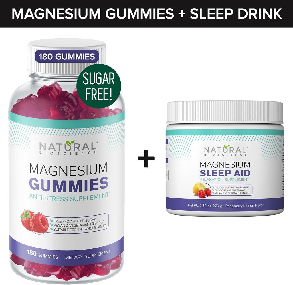 Sugar-Free Magnezyum Gummies (180 Gummies) ve Magnezyum Gece Saat Tozu Magnezyum Citrate, Melatonin, L-Theanine ve GABA - Vegan, Gelatin-Free, Gluten-Free, Non-GMO