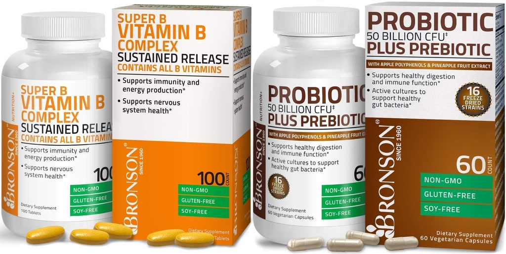 Bronson Probiotic 50 Billion CFU + Prebiotic με Apple Polyphenols & Pineapple Fruit Extract + Vitamin B Complex Παρατεταμένη απελευθέρωση