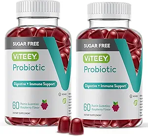 Kadınlar için Viteey Probiyotik Gummies, Erkekler ve Gençler, 2 Milyar CFUs - Sugar Free - Immune Branson, Digestive Support, Gut Health - Vegan, Gelatin Free, GMO Free - Tasty Chewable Raspberry Flavored Gummy