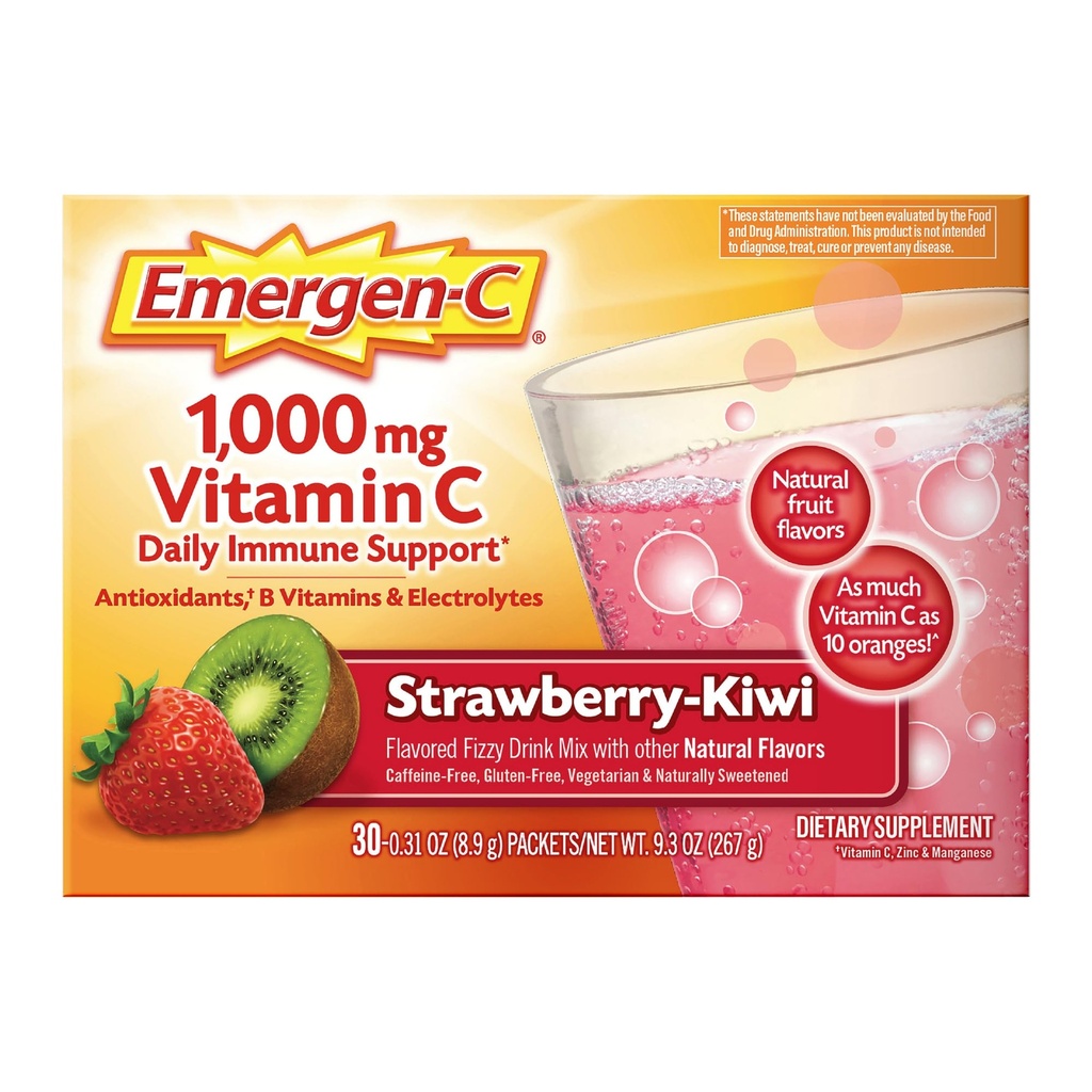 Emergen-C 1000 Vitamin mg C Immune Support Toz Strawberry Kiwi 30CT, çinko, Manganese, 7 B Vitaminleri ve Electrolytes for Back to School Essentials