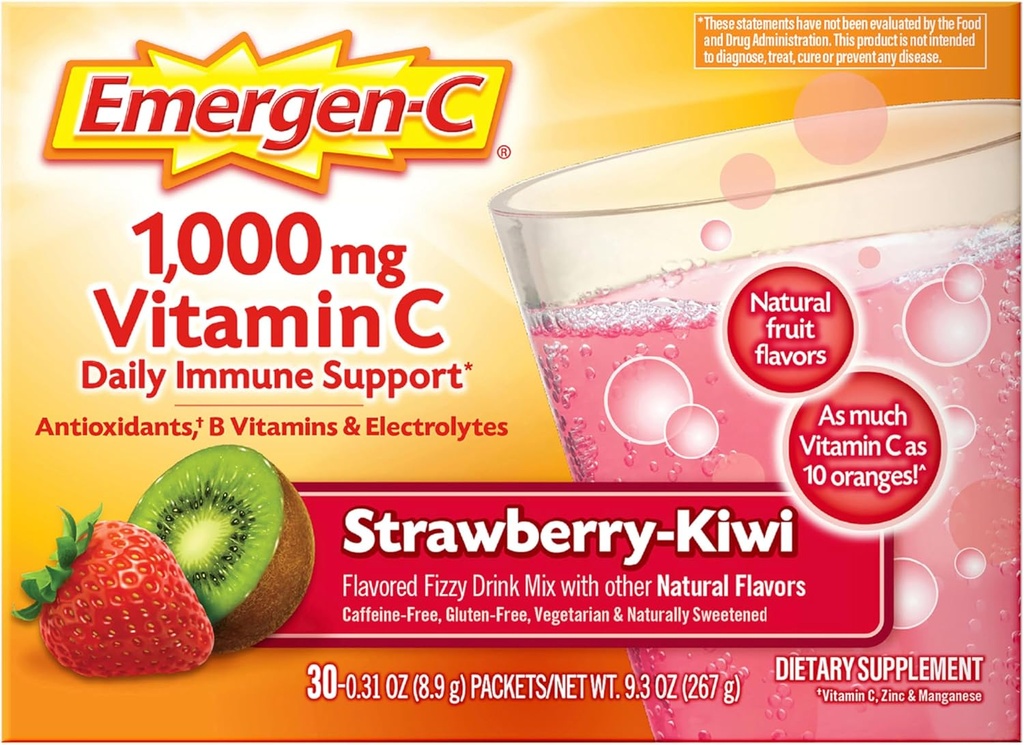 Emergen-C 1000 Vitamin mg C Immune Support Toz Strawberry Kiwi 30CT, çinko, Manganese, 7 B Vitaminleri ve Electrolytes for Back to School Essentials