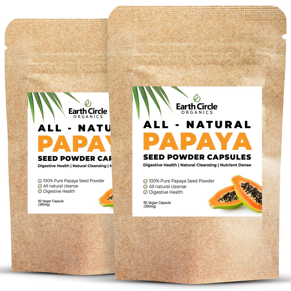 Papaya Tohum Toz Kapsülleri - Vitaminlerle Güçlü Papain Supplement A, C, & E & Enzymes for Digestion & Gut Health – 360 mg/Serving – 60 Vegan Capsules per Pack (Pack of 2, 60-120 Day Supply)