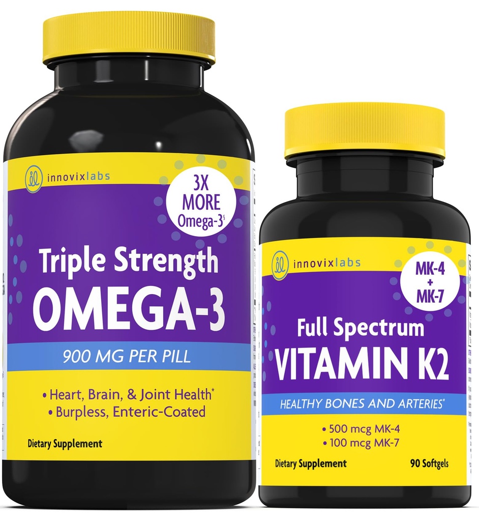 InnovixLabs Vitamin K2 & Triple Omega Sche Full Spectrum Vitamin K2 (90 Softgels) Triple Strength Omega-3 Fish Oil (200 Softgels). Sağlıklı Kemikleri, Sanatları ve Ortakları Destekler. *