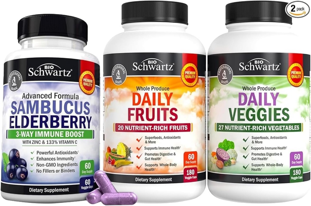 BioSchwartz Daily Fruits and Veggies Supplement for Women and Men (2Ay Supply) Plus Elderberry with çinko and Vitamin C for Yetişkinler Immune Support (2 Ay Supply)