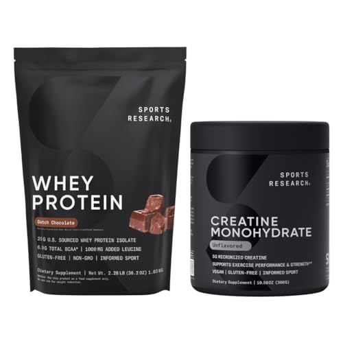 Sports Research Creatine Monohydrate (10,58 oz) και Ολλανδική πρωτεΐνη Whey σοκολάτας (2 lbs), The Dynamic Duo for Lean Muscle Building, βελτιωμένη απόδοση και δύναμη & αποκατάσταση προπόνησης