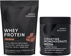 Sports Research Creatine Monohydrate (10,58 oz) και Ολλανδική πρωτεΐνη Whey σοκολάτας (2 lbs), The Dynamic Duo for Lean Muscle Building, βελτιωμένη απόδοση και δύναμη & αποκατάσταση προπόνησης