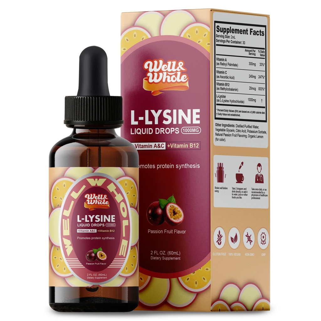 L-Lysine Supplement Liquid Drops | L-Lysine 1000 mg Tincture with Vitamin A, C, and B12 for Yetişkinler & Çocuklar | Immune Support, Skin & Lips Health, Collagen Synthesis | Non-GMO, Vegan, 2 Fl Oz (60 ML)