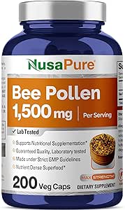 NusaPure Bee Pollen 1500mg 200 Veggie Caps (100% Vegetarian, Non-GMO, Vegan) Naturally Occurring Proteins, Aminoacids