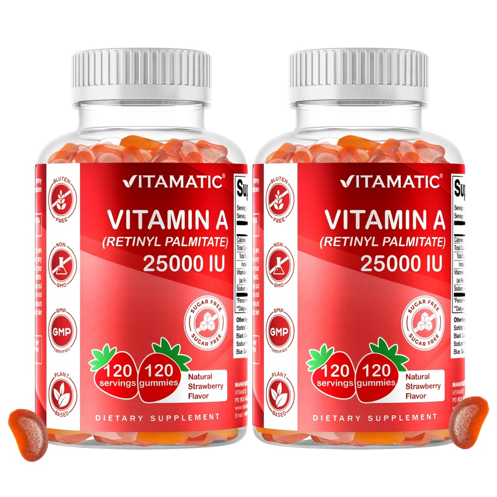Vitamatic Sugar Free Vitamin A 25000 IU Gummies (Retinyl Palmitate) - Natural Strawberry Flavor - 120 Pectin Based Gummies (2 Şişeler)