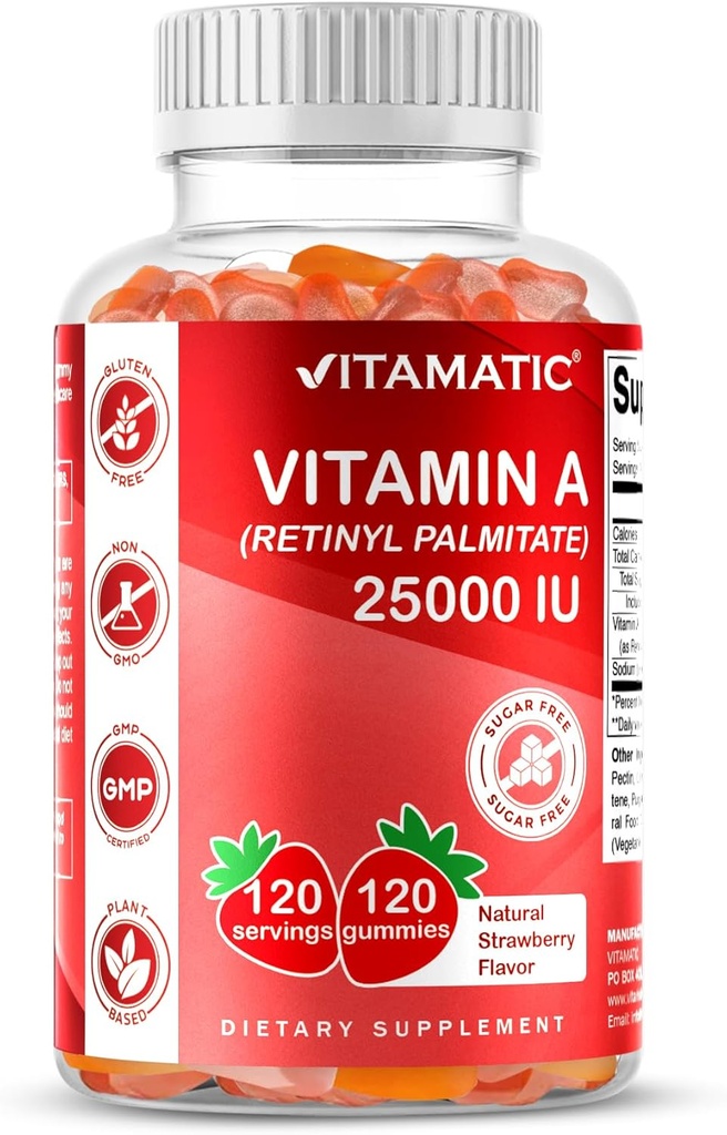 Vitamatic Sugar Free Vitamin A 25000 IU Gummies (Retinyl Palmitate) - Natural Strawberry Flavor - 120 Pectin Based Gummies (2 Şişeler)