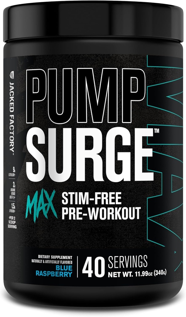 Jacked Factory Pumpsurge Max Stim Free Pre Workout - Υψηλής απόδοσης καφεΐνη Δωρεάν προπόνηση με L-Citrulline, N03-T Arginine Nitrate & Glutathione - 40 Σερβιέτες, Μπλε Βατόμουρο