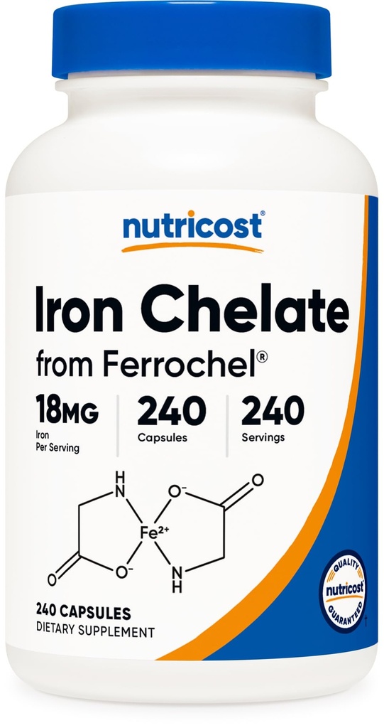 Nutricost Chelated Iron ( Ferrochel) 18 mg, 240 Capsules - Gluten Free, Non GMO Iron Chelate Supplement