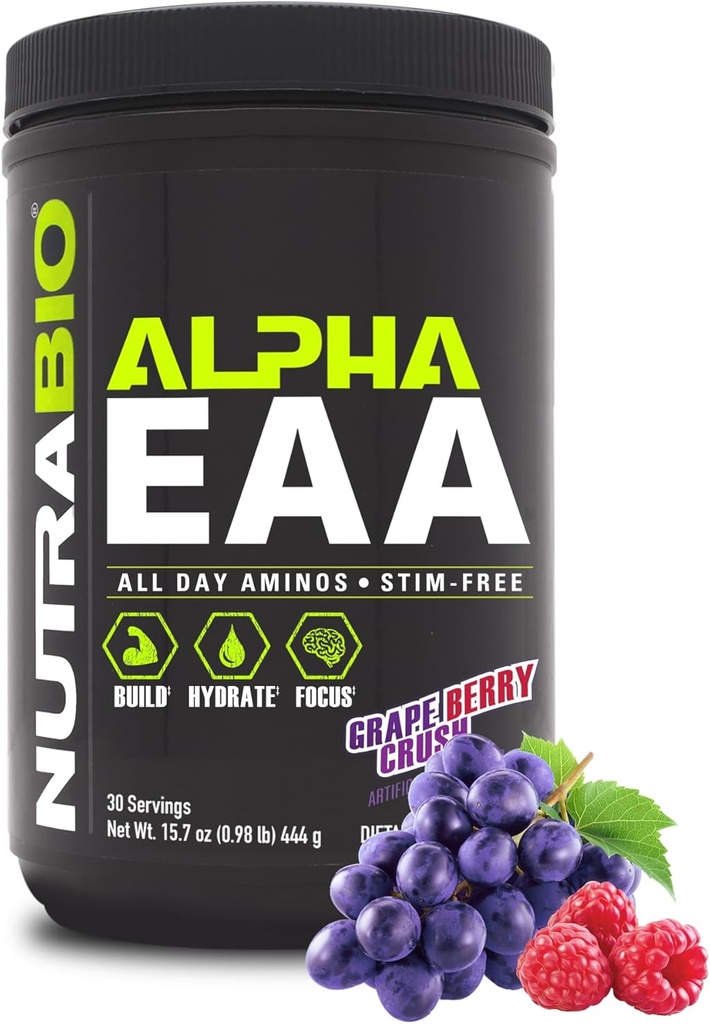 NutraBio Alpha EAA - All-Day Αμινοξέα για την ανάπτυξη των μυών και την ενυδάτωση - Essential Amino Acids with Nootropics & Adaptogens- Full Spectrum EAA BCAA Powder - 30 Servings - Grape Berry Crush