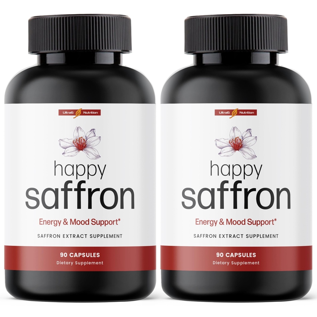 Ultra6 Διατροφή Happy Saffron Συμπληρώματα - 100% Pure Saffron Extract συμπλήρωμα για την υποστήριξη της υγείας των ματιών - Ενισχυτής Mood για γυναίκες & άνδρες (πακέτο των 2)