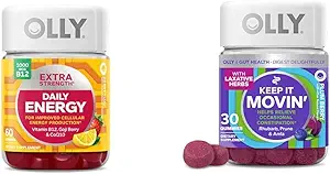 OLLY επιπλέον δύναμη καθημερινή ενέργεια Gummy με βιταμίνη B12, CoQ10, Goji Berry, 60 Count & Keep it Moving Constipation Relief Gummy με Rβέντι, Prunes, Amla, 30 Count