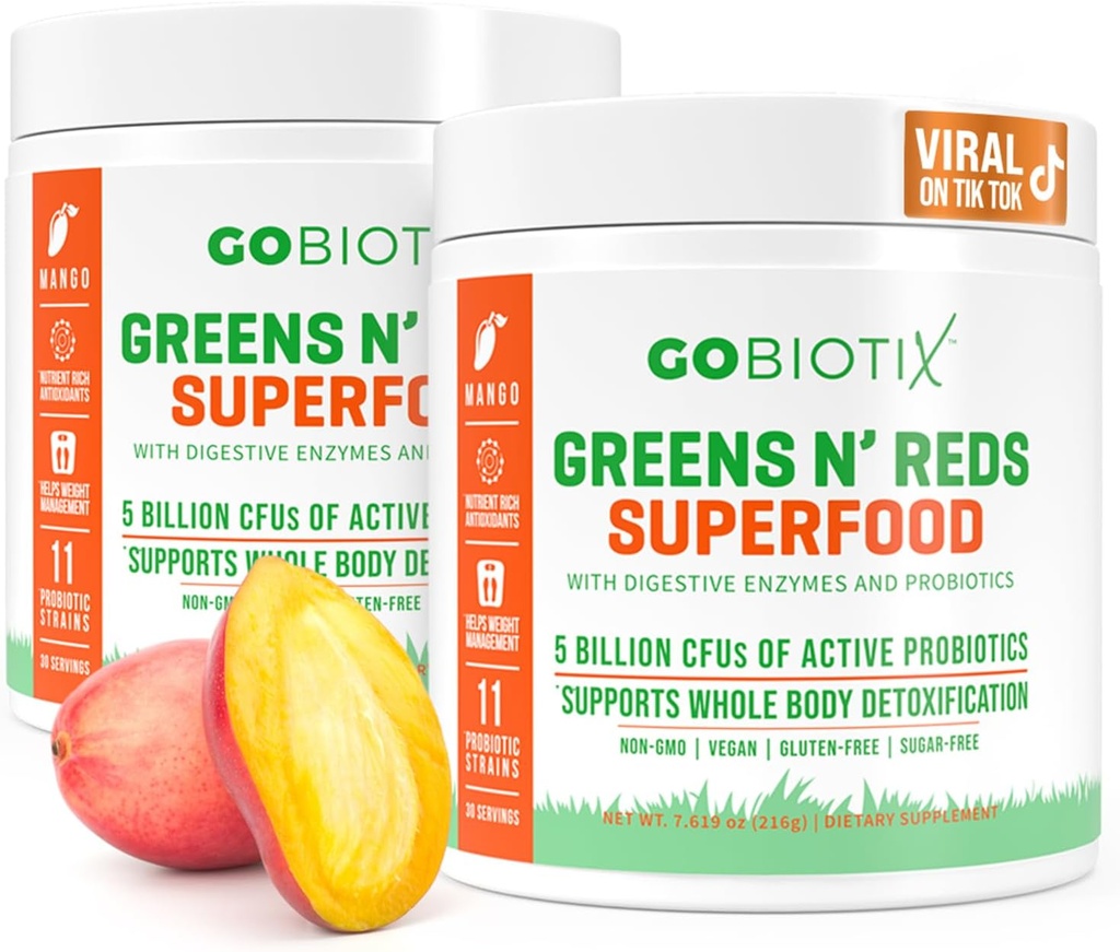 GOBIOTIX Super Greens ve Reds Toz - Red ve Green Superfood - Probiyotik Supplement - Digestive Enzymes and Beet Root Toz - Organik Tüm Gıdalar Diyet Tamam (Mango, 2 Pack)