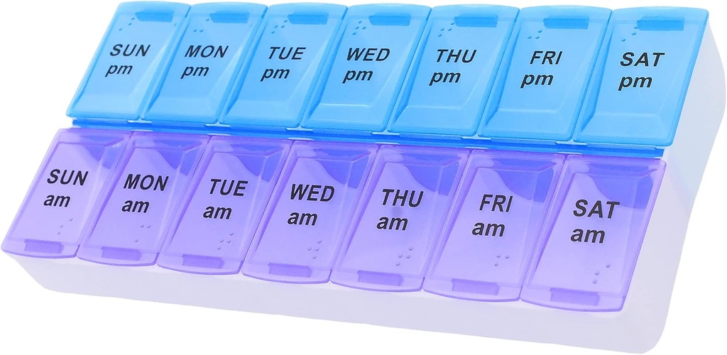7 Günlük AM PM Pill Organizer, ShysTech Büyük Pill Case Pill Box for Pills Vitamin Supplements Drug (Purple/Mavi)