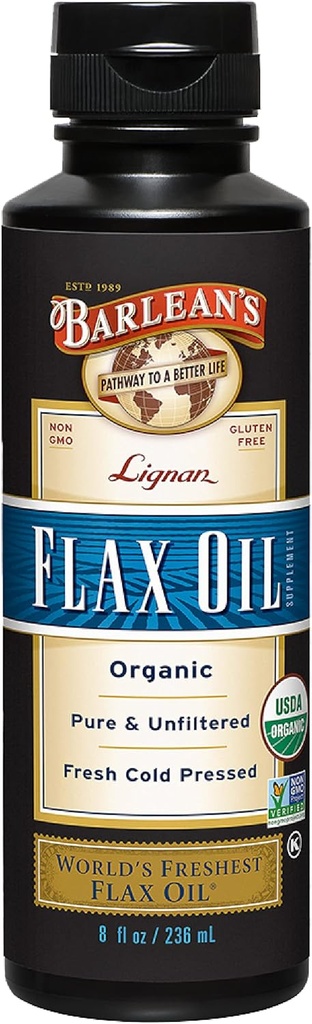 Βιολογικό Lignan Flaxseed Oil της Barlean Υγρό Συμπλήρωμα από Σπέρματα λιναριού ψυχρής συμπίεσης, 7,230 mg ALA Ωμέγα-3 Λιπαρά Οξέα για την περιποίηση του δέρματος και των μαλλιών, Vegan & Gluten Free, 8 oz
