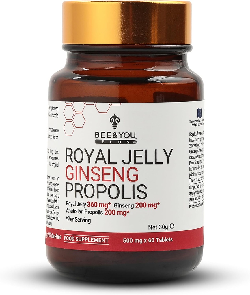Bee ve You Royal Jelly with 185 Tablet, Propolis Extract, 60ct, 100% Doğal Superfood, Ultra Pure, Immune Support Supplement, Antioksis, Keto, Gluten-Free