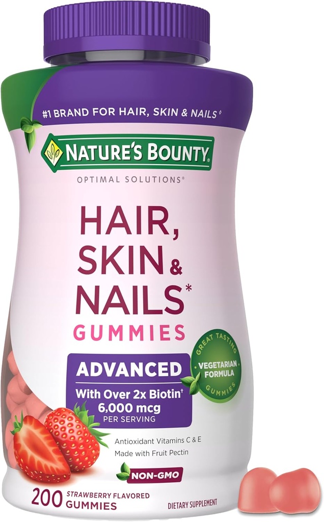Nature's Bounty Optimal Solutions Advanced Hair, Skin and Nails Pectin Gummies, 2x Biotin Per Service, No Stick Gummy, Vegetarian Formula, Strawberry Flavor, 200 ct, 100 Toplam Hizmetler