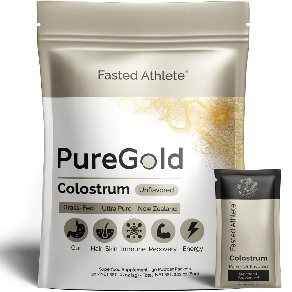 Fasted Athlete – PureGold Colostrum – Grass-Fed Colostrum Toz Destekleri Gut Health, Skin, Recovery & Immunity – Unflavored, 30 Single-Serve Packets