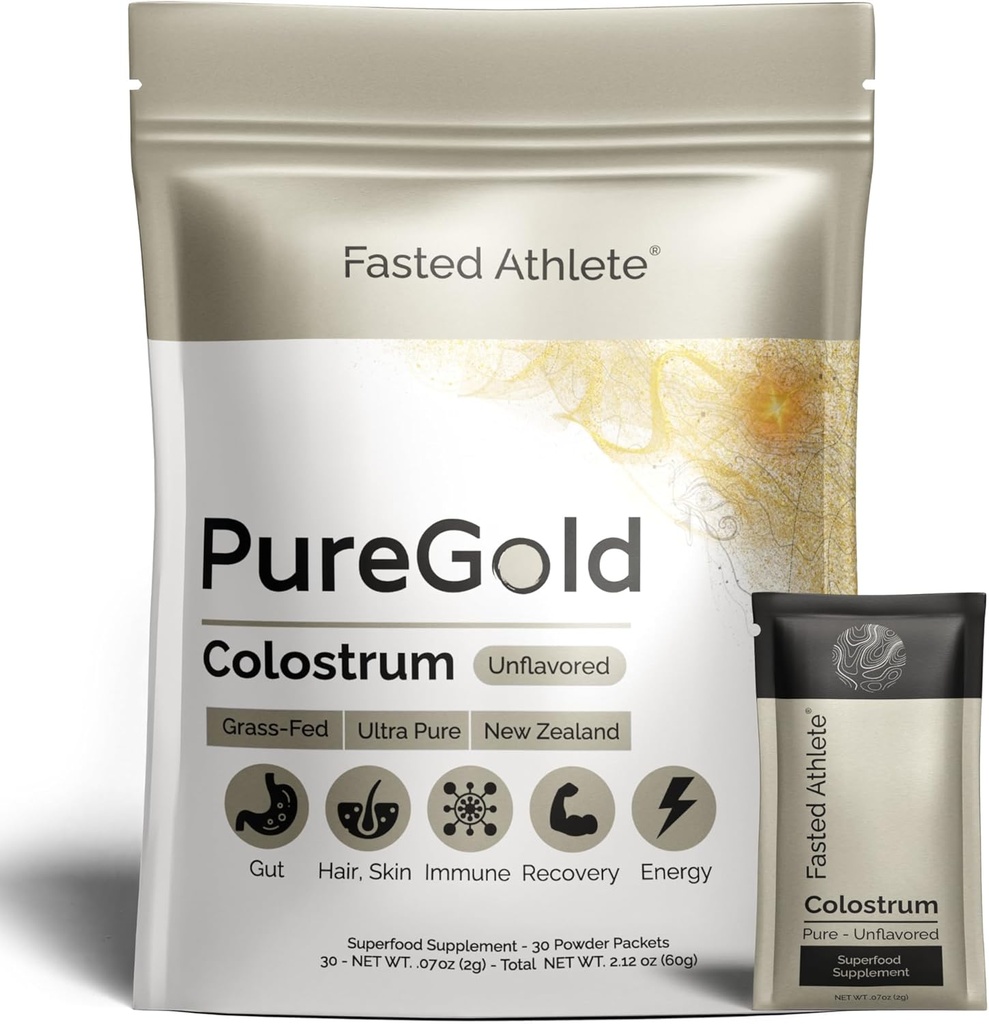Fasted Athlete – PureGold Colostrum – Grass-Fed Colostrum Toz Destekleri Gut Health, Skin, Recovery & Immunity – Unflavored, 30 Single-Serve Packets