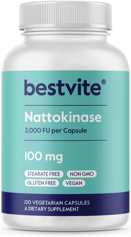 BESTVITE Nattokinase 100 mg (2000 FU) (120 Vejetaryen Capsules) - No Stearates - Vegan - Non GMO - Gluten Free