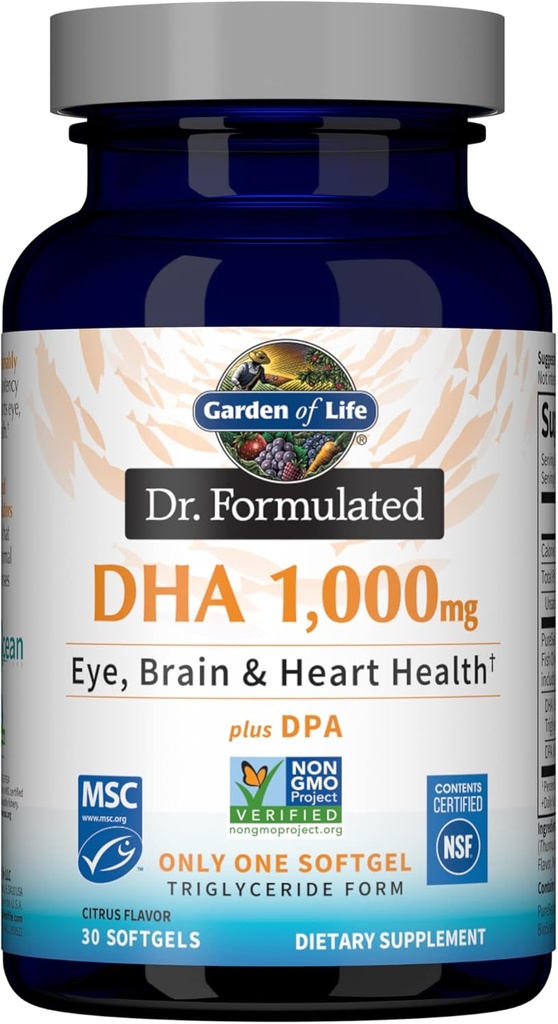 Κήπος Ζωής Dr. Formulated DHA 1,000mg ιχθυέλαιο - λεμόνι, μία φορά την ημέρα 1000mg DHA + DPA σε μορφή τριγλυκεριδίων, ενιαία πηγή Ωμέγα 3 συμπλήρωμα για Ultimate Eye, Brain & Heart Health, 30 Softgels