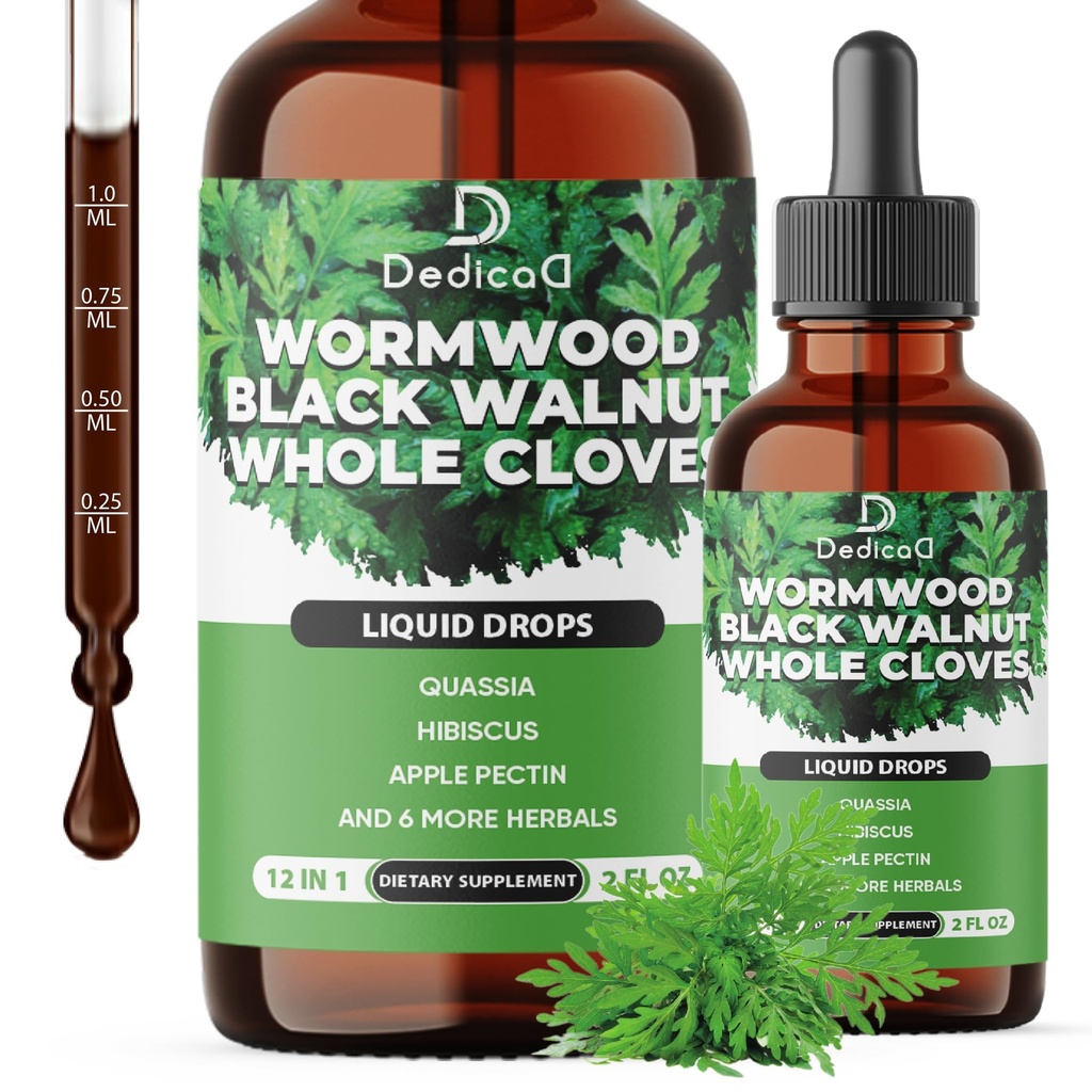 DEDICAD 12in1 Wormwood Liquid Drops - Black Walnut Wormwood Tincture Liquid Extract Whole Cloves and 9 More Herbs - 60 Days Supply