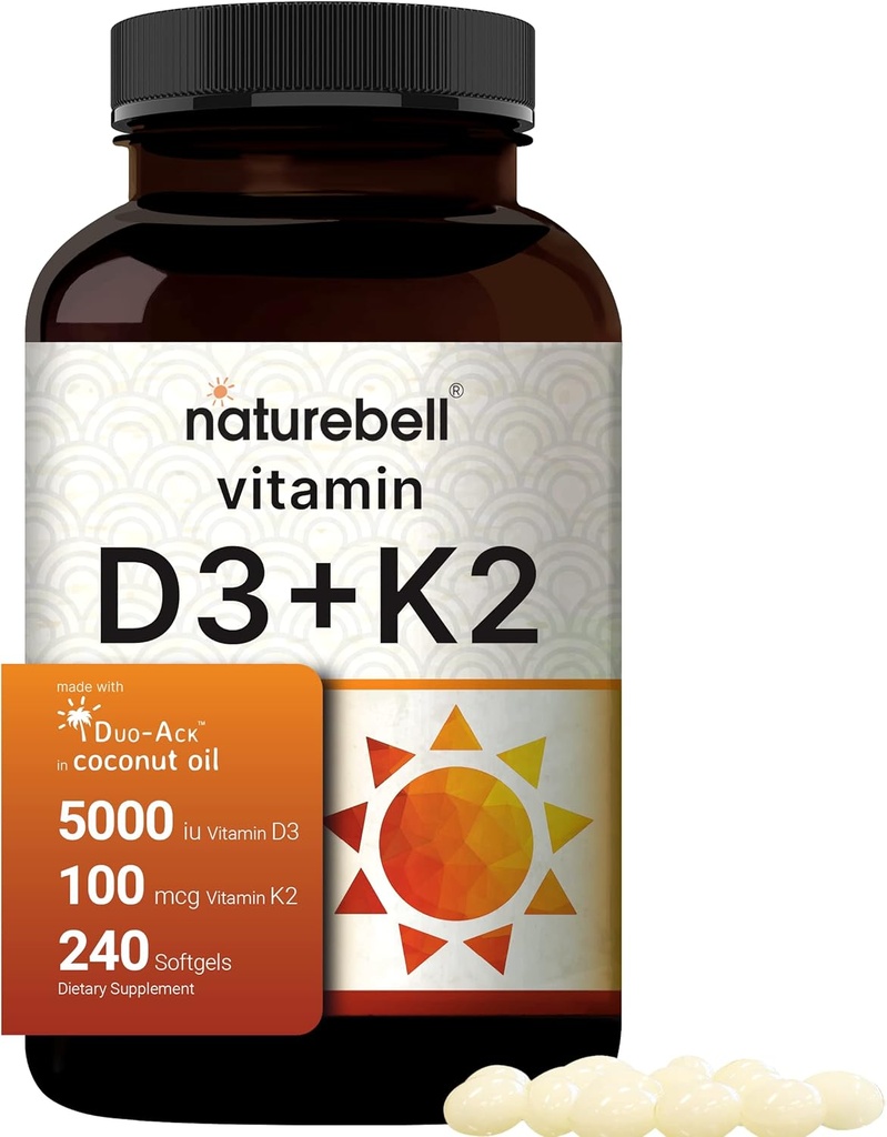 NatureBell Vitamin D3 5,000 IU + K2 100 mcg, 240 Softgels | Daily 2-in-1 Formula with Virgin Coconut Oil | Bone, Heart & Immune Support | MK-7 Form | Non-GMO, Gluten-Free