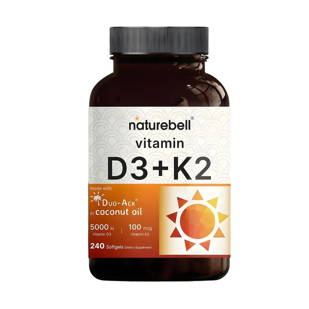 NatureBell Vitamin D3 5.000 IU + K2 100 mcg, 240 Softgels | Daily 2-in-1 Formula ile Virgin Coconut Oil | Bone, Heart & Immune Support | MK-7 Form | Non-GMO, Gluten-Free