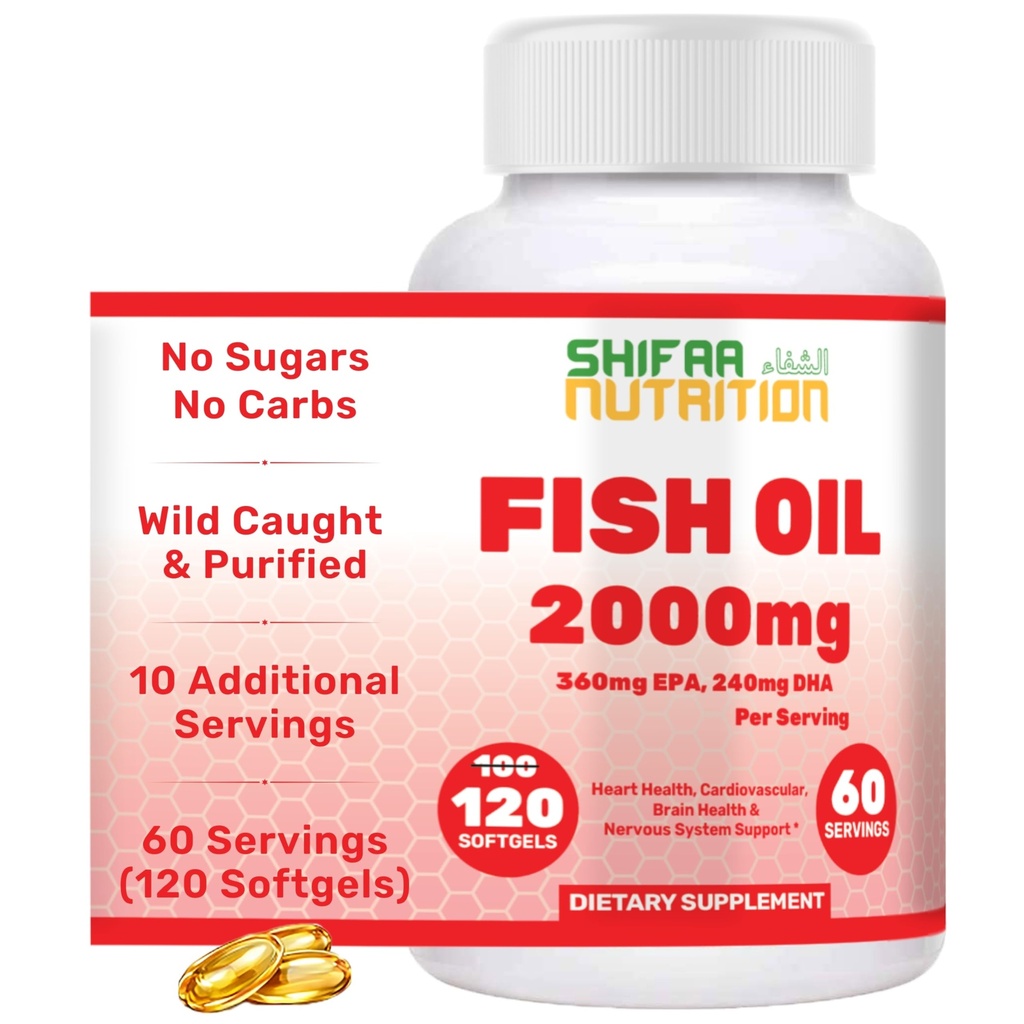 SHIFAA Helal Fish Oil 2000 mg Softgels ile 360 mg EPA & 240 mg DHA. 100 Wild Caught & Non-GMO Omega 3 Yumuşakgels for Heart & Brain Health. Burpless, Easy-to-Swallow Fish Oil Omega 3 Supplements