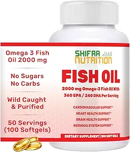 SHIFAA Helal Fish Oil 2000 mg Softgels ile 360 mg EPA & 240 mg DHA. 100 Wild Caught & Non-GMO Omega 3 Yumuşakgels for Heart & Brain Health. Burpless, Easy-to-Swallow Fish Oil Omega 3 Supplements