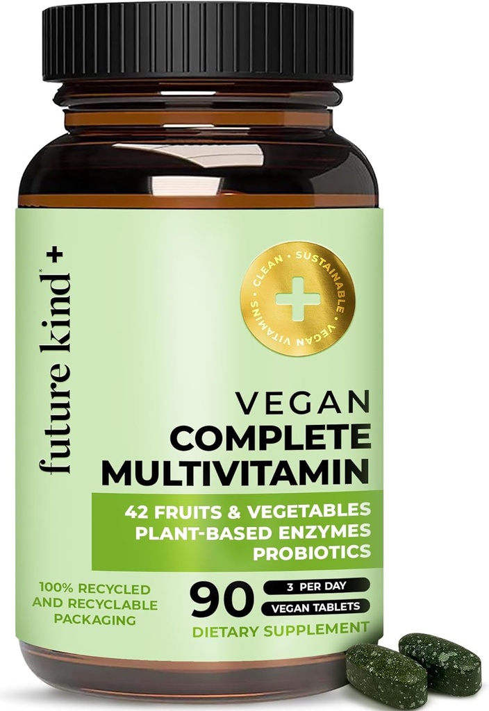 Future Kind Vegan Multivitamins Tamam - 42-in-1 Vegan Enzymes, B12, çinko ve Probiyotikler için Geri Dönüşümlü Şişe için 90 sekme)