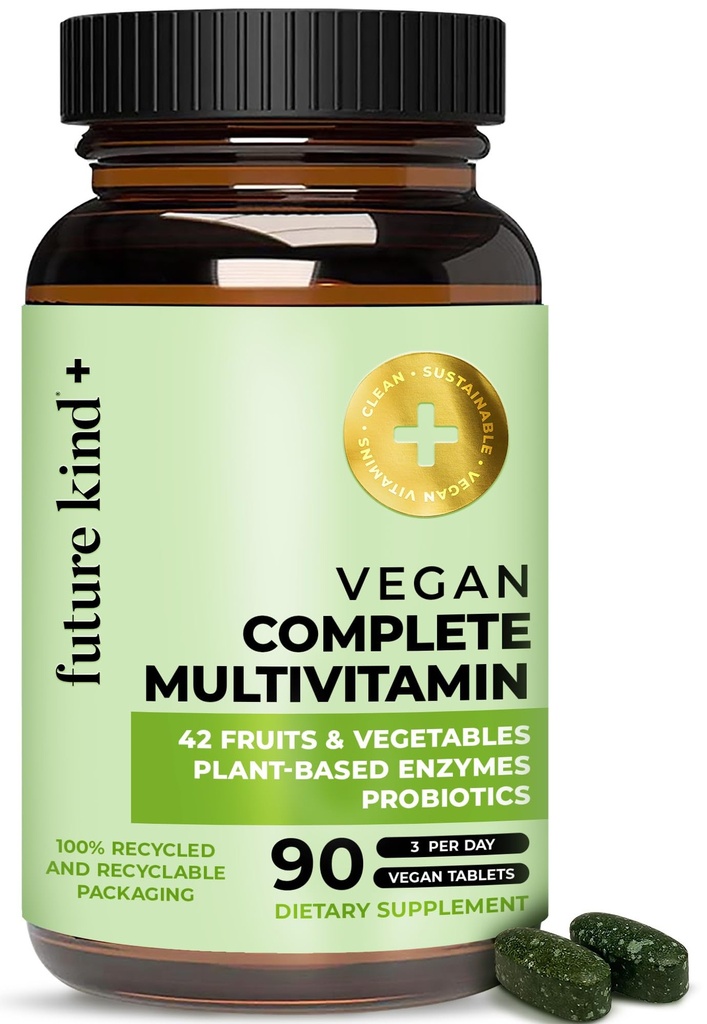Future Kind Vegan Multivitamins Tamam - 42-in-1 Vegan Enzymes, B12, çinko ve Probiyotikler için Geri Dönüşümlü Şişe için 90 sekme)