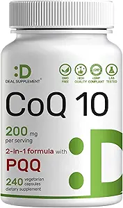 DEAL SUPPLEMENT CoQ10 200 mg with PQ 200mcg, 240 Veggie Capsules | Bio available Coenzyme Q10 Kompleks | Destekler Kalp, Enerji ve Beyin Sağlığı | Antioksi Desteği | Non-GMO200
