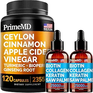 4-in-1 Liquid Biotin Collagen Keratin Saw Palmetto Drops (2 fl oz - 2 Pack) & 5-in-1 Ceylon Cinnamon w Turmeric & Real Root (120ct) Sche - Saç, Skin, Nails, & Immune Support Supplements