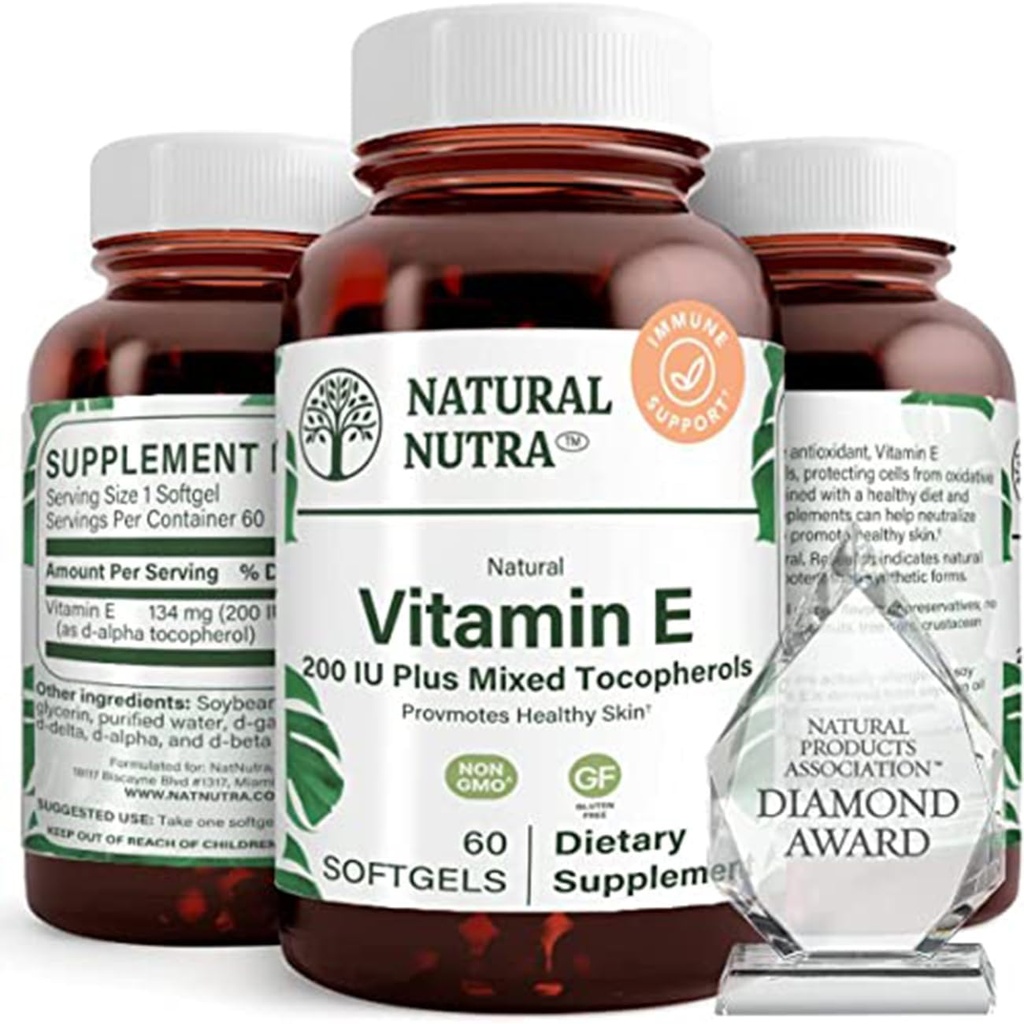 Natural Nutra Vitamini E 200 IU Supplement for Skin, Saç ve Nails, Kalp Sağlığını Teşvik Et, Skin Texture'i Önlemeye Yardımcı Olun, Immune System, Gluten Free, 60 Softgels
