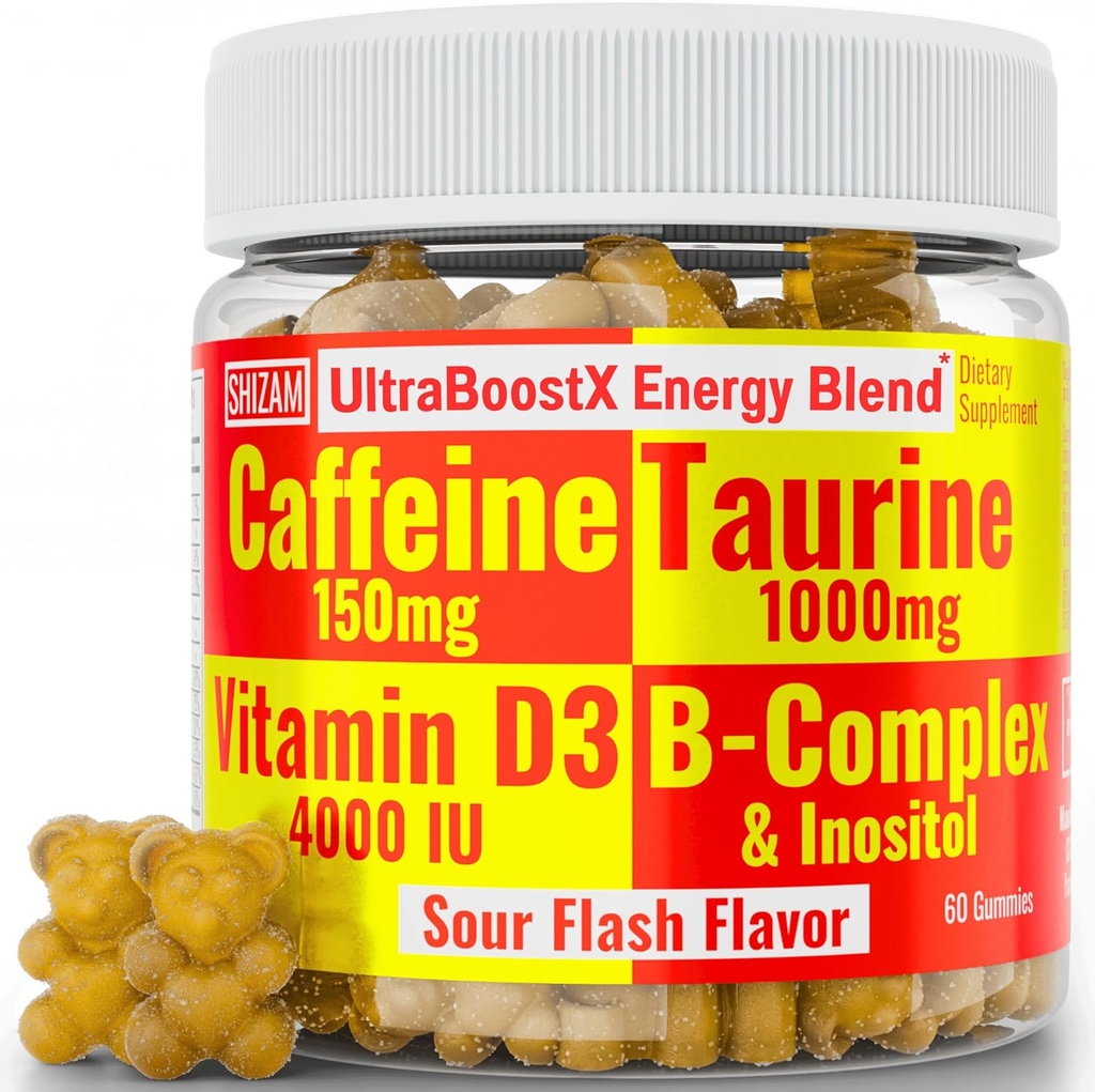 SHIZAM Taurin 1000 mg Caffeine 150mg Enerji Gummies w D-3 B-12 B Kompleksi Inositol, Gel Gels Vitamini İçecekler Kapsüller Sıcak Çekir Piller Toz Alt, Koşu Adamları Tamamlar Tamamlar Tamamlanır