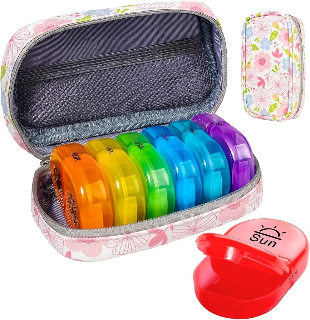 Serfeymi Haftalık Seyahat Pill Organizer 2 Times A Day AM PM Yükseltd Rainbow Pill Box 7 Day with Portatif Ambalaj Deri Pill Case, Medicine Organizer for Pills, Vitamins, Fish Oils - Floral 01