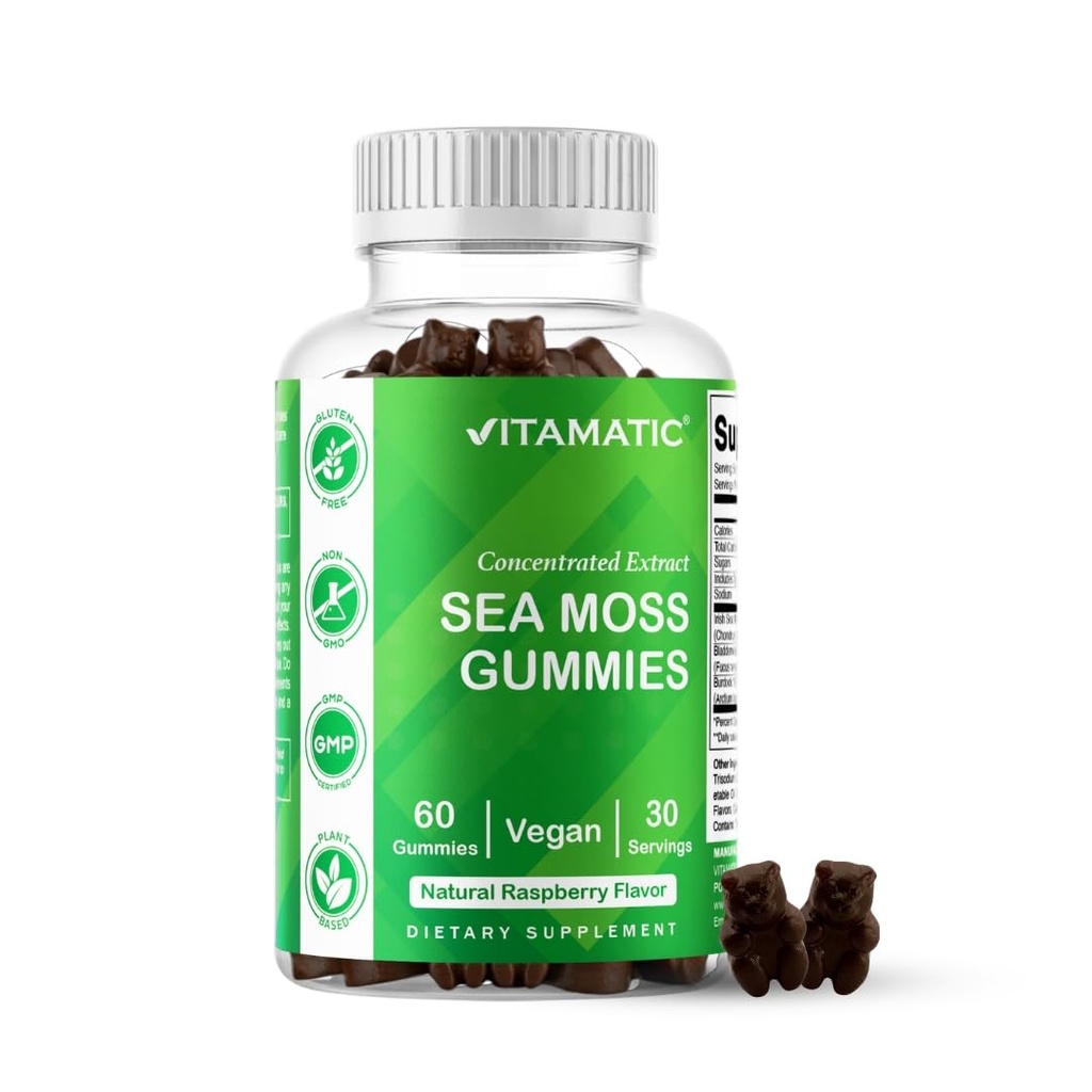 Vitamatic Irish Sea Moss Gummies – 3000 mg Ισοδύναμο ανά υπηρεσία (από το εκχύλισμα 132,5 mg) – 60 Ct – Κατασκευασμένο με Bladderwrack & Burdock Root – 2 Pack