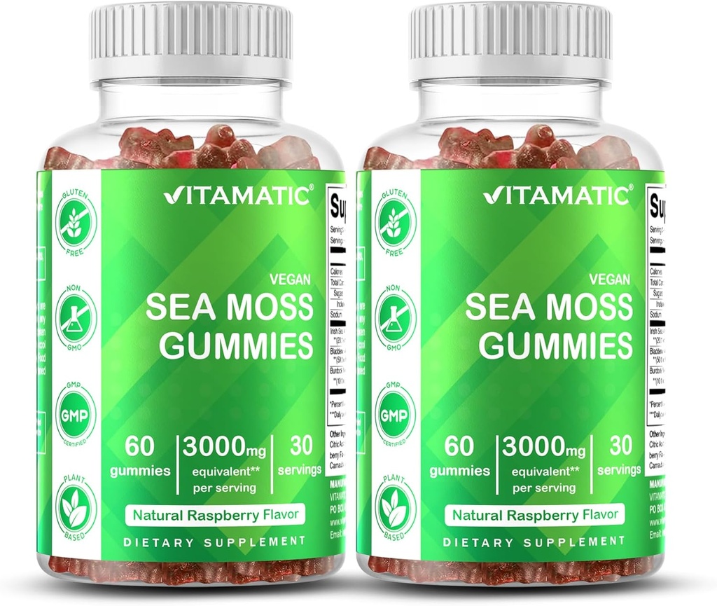 Vitamatic Irish Sea Moss Gummies – 3000 mg Equivalent Per Service (132.5 mg) – 60 Ct – Bladderwrack & Burdock Kökü ile Yapıldı – 2 Pack