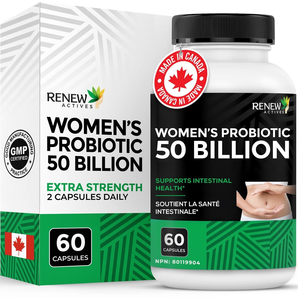 RENEW ACTIVES Probiyotiks for Women 50 Milyar CFU per 2 Capsules - MAKTREK Teknolojisi, 4 Probiyotik Strains & Prebiyotik - Destekler Sağlık ve Gut Flora Dengesi - Kanada'da 60 Capsules