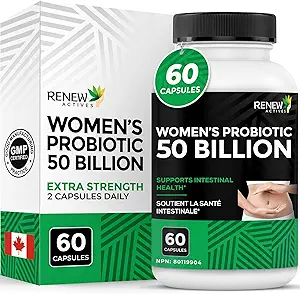RENEW ACTIVES Probiyotiks for Women 50 Milyar CFU per 2 Capsules - MAKTREK Teknolojisi, 4 Probiyotik Strains & Prebiyotik - Destekler Sağlık ve Gut Flora Dengesi - Kanada'da 60 Capsules